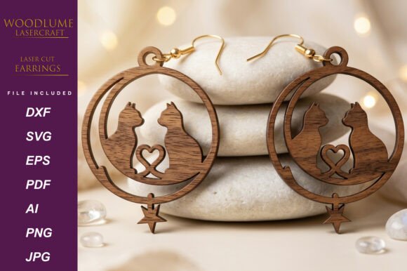 Cat Moon Heart Earrings Laser Cut SVG