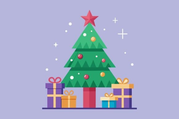 Flat Christmas Tree and Gifts Vector Graphics