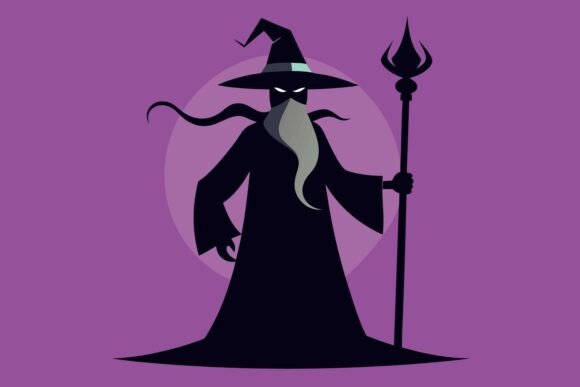 Mysterious Wizard with Staff Silhouette Graphics