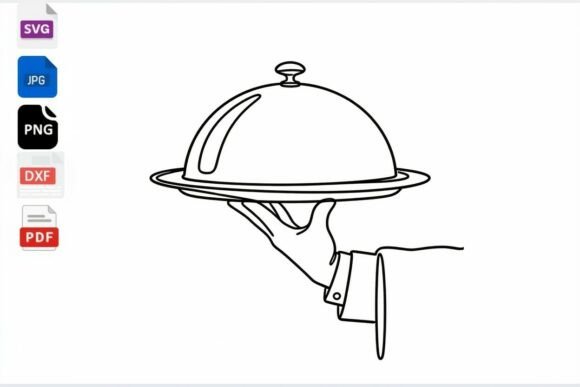 Waiter Serving Cloche Dish Line Art SVG